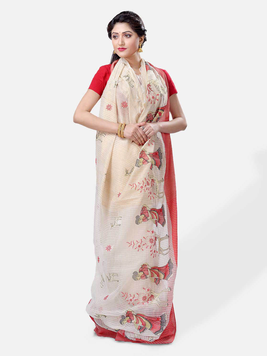 Traditional Bengali Cotton Handloom Sakuntala Tant Saree of Bengal with Blouse Piece (Red White)